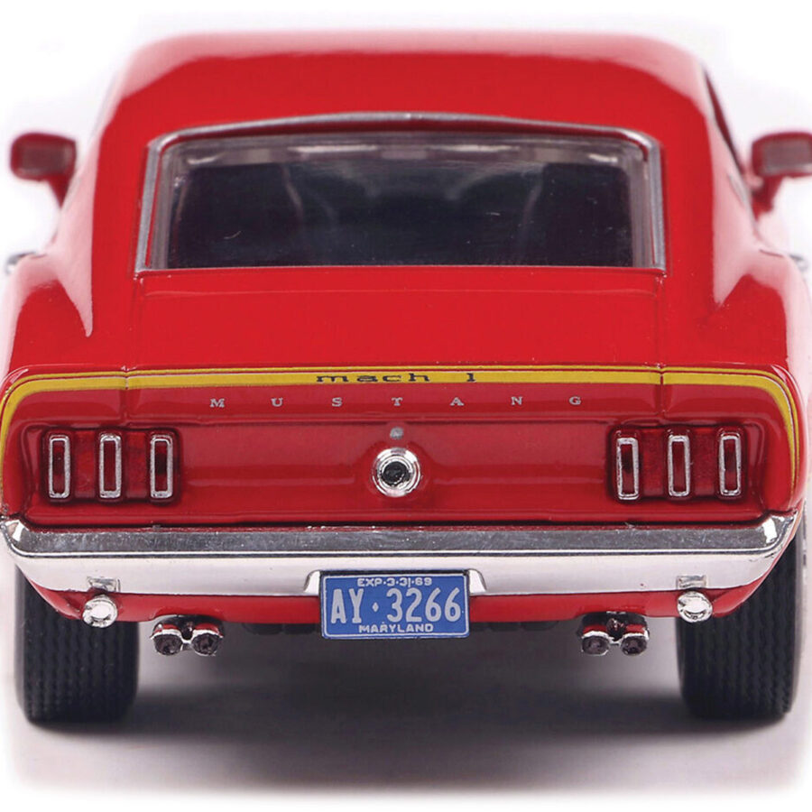 1969 Ford Mustang Mach 1 Calypso Coral Red with Black Hood and Yellow Stripes 1/43 Diecast Model Car by IXO Models Automotive