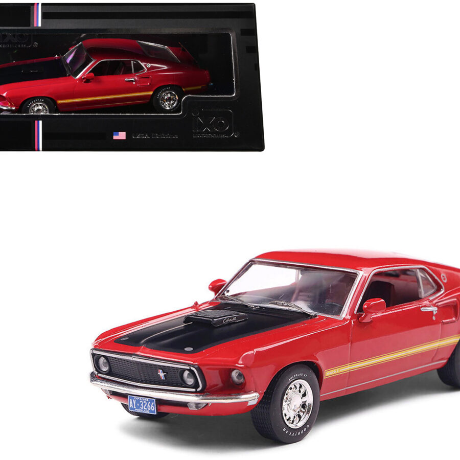 1969 Ford Mustang Mach 1 Calypso Coral Red with Black Hood and Yellow Stripes 1/43 Diecast Model Car by IXO Models Automotive