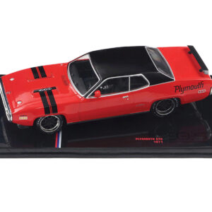 1971 Plymouth GTX Rally Red with Black Top and Stripes 1/43 Diecast Model by IXO Models from the WRC & Rally store collection.