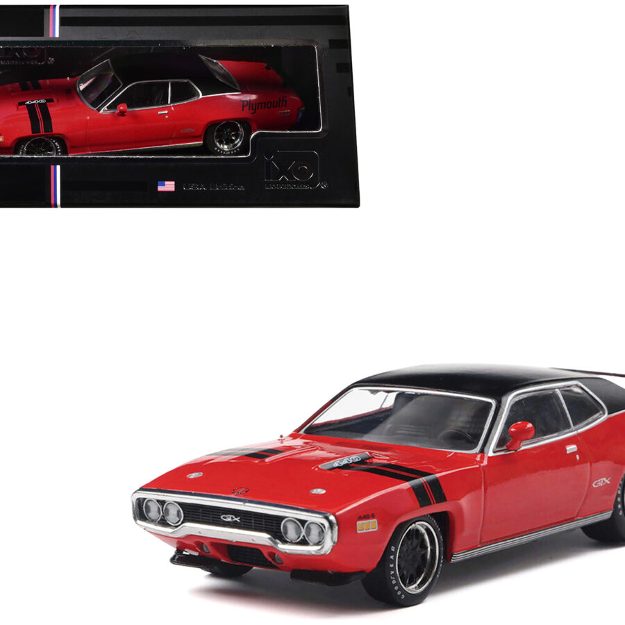 1971 Plymouth GTX Rally Red with Black Top and Stripes 1/43 Diecast Model by IXO Models Automotive