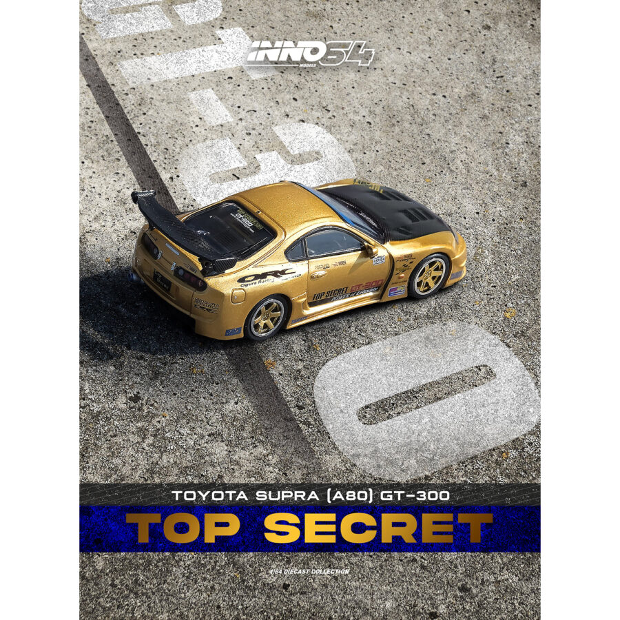 Toyota Supra (A80) "Top Secret" GT300 RHD (Right Hand Drive) Gold Metallic with Carbon Hood 1/64 Diecast Model Car by Inno Models Automotive