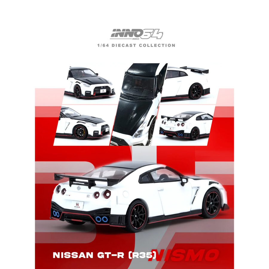 Nissan GT-R (R35) Nismo RHD (Right Hand Drive) White with Carbon Hood and Top 1/64 Diecast Model Car by Inno Models Automotive