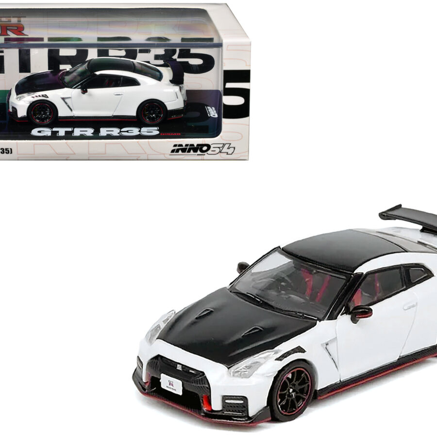 Nissan GT-R (R35) Nismo RHD (Right Hand Drive) White with Carbon Hood and Top 1/64 Diecast Model Car by Inno Models Automotive