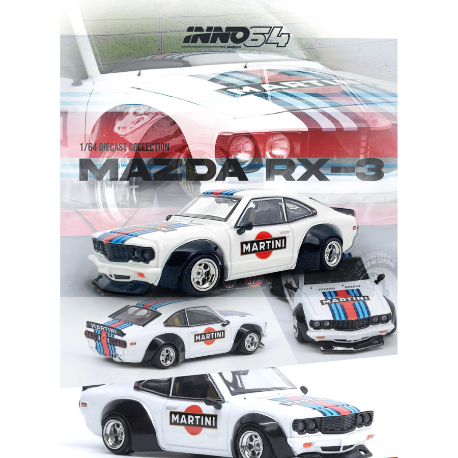 Mazda RX-3 Savanna RHD (Right Hand Drive) "Martini Racing Livery" White with Red and Blue Stripes 1/64 Diecast Model Car by Inno Models from the Mazda store collection.