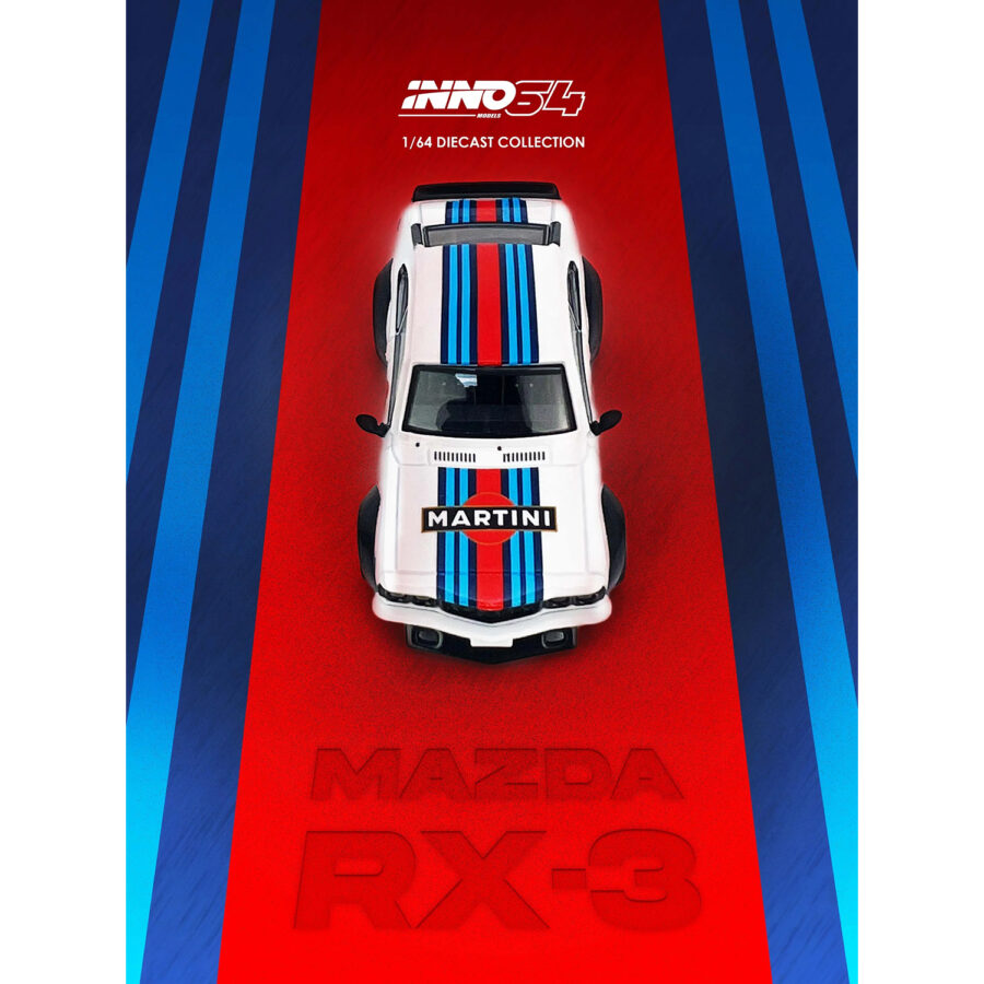 Mazda RX-3 Savanna RHD (Right Hand Drive) "Martini Racing Livery" White with Red and Blue Stripes 1/64 Diecast Model Car by Inno Models from the Mazda store collection.