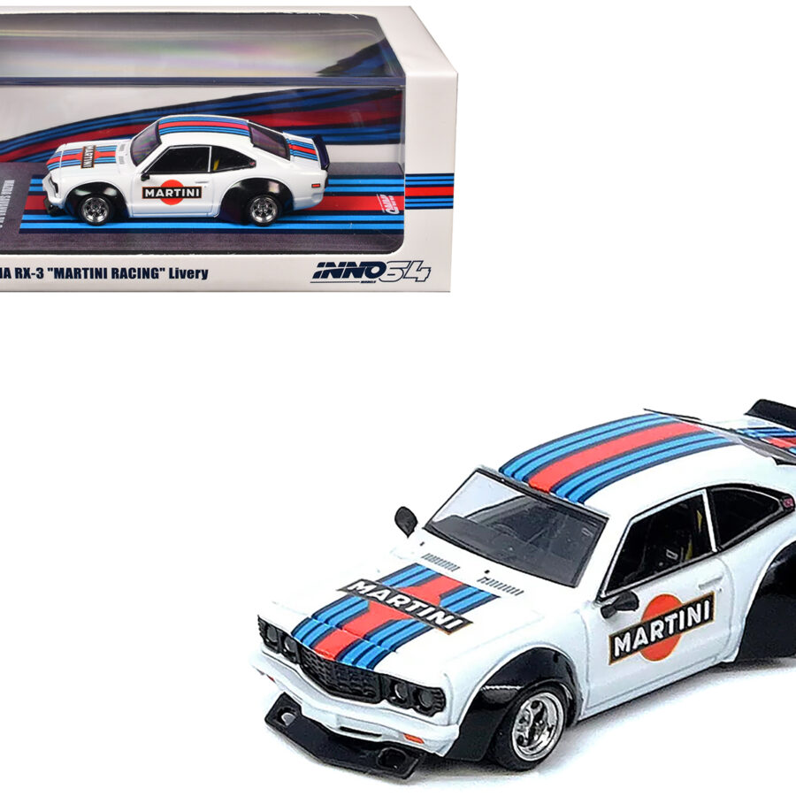 Mazda RX-3 Savanna RHD (Right Hand Drive) "Martini Racing Livery" White with Red and Blue Stripes 1/64 Diecast Model Car by Inno Models Automotive