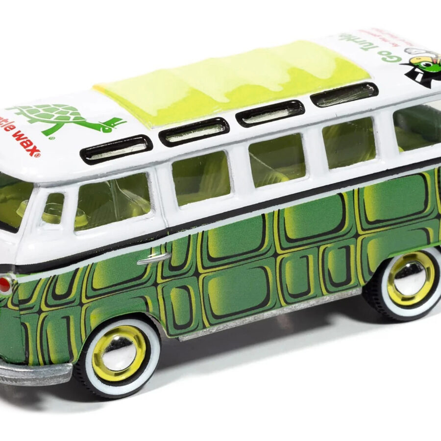 1965 Volkswagen Samba Bus "Turtle Wax" White and Green with Graphics "Pop Culture" 2025 Release 1 1/64 Diecast Model Car by Johnny Lightning from the Volkswagen store collection.