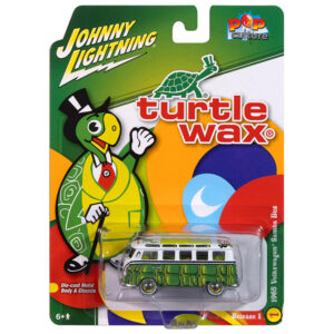 1965 Volkswagen Samba Bus "Turtle Wax" White and Green with Graphics "Pop Culture" 2025 Release 1 1/64 Diecast Model Car by Johnny Lightning from the Sports Car Racing Model Cars store collection.