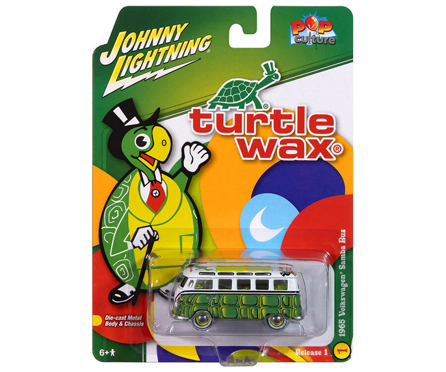 1965 Volkswagen Samba Bus "Turtle Wax" White and Green with Graphics "Pop Culture" 2025 Release 1 1/64 Diecast Model Car by Johnny Lightning from the Volkswagen store collection.