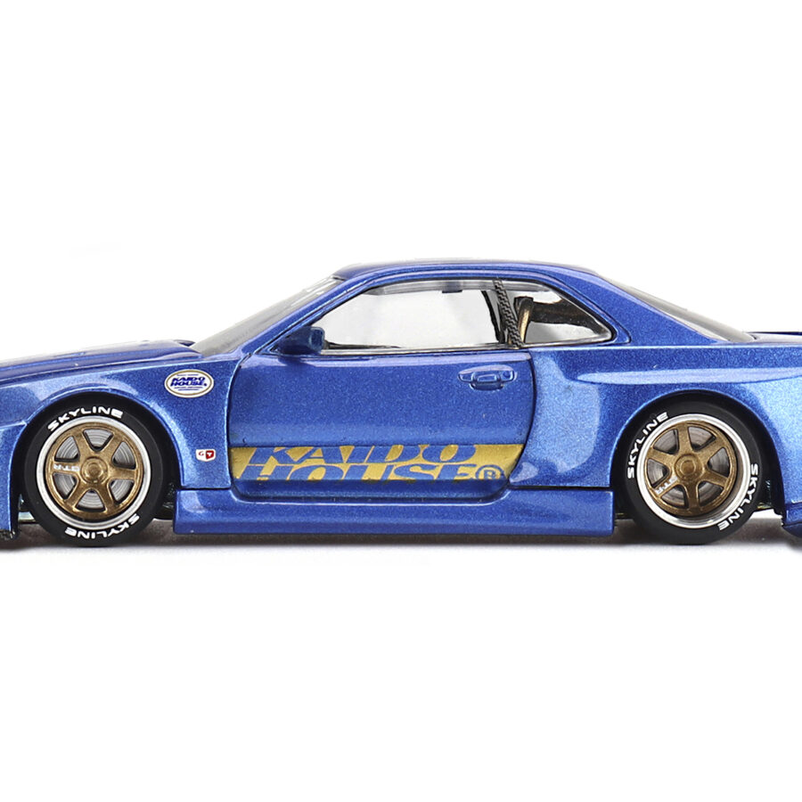 Nissan Skyline GT-R (R34) "SHINJUKU V2 Aero" RHD (Right Hand Drive) Blue Metallic (Designed by Jun Imai) "Kaido House" Special 1/64 Diecast Model Car by Mini GT from the Automotive store collection.