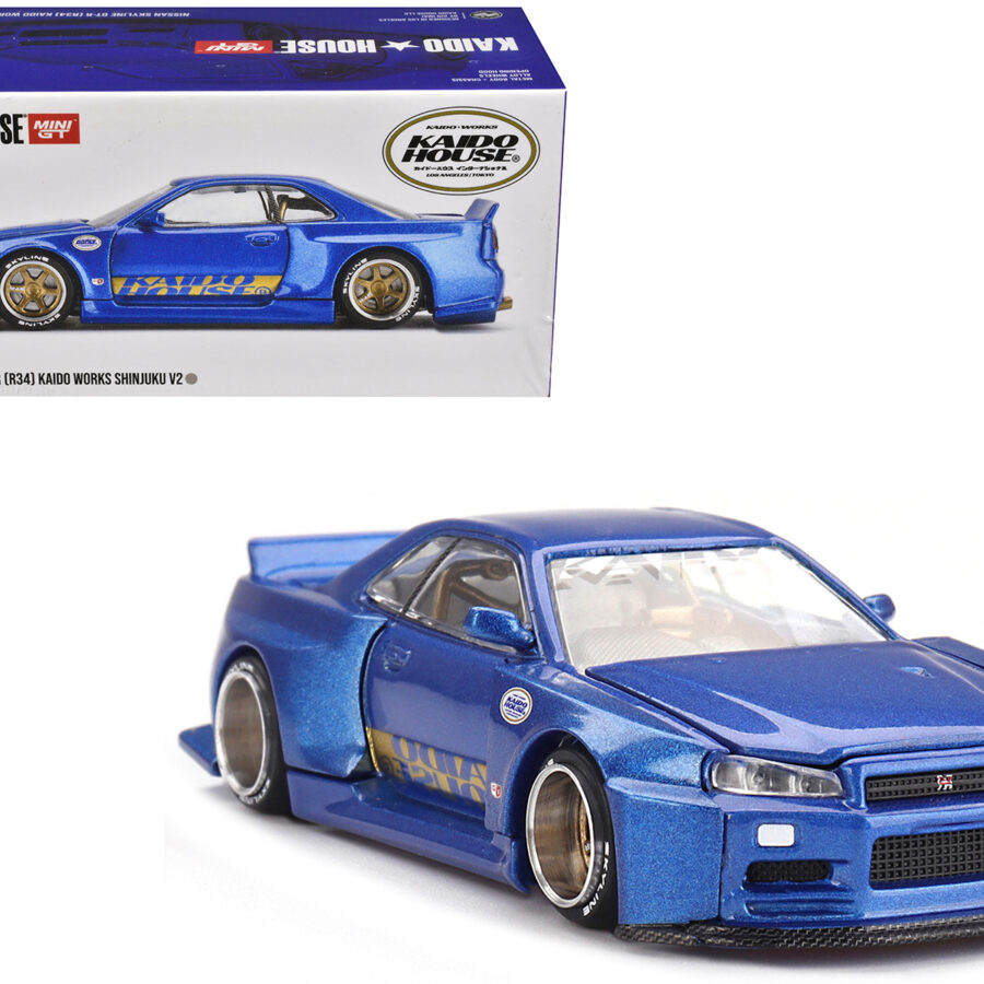 Nissan Skyline GT-R (R34) "SHINJUKU V2 Aero" RHD (Right Hand Drive) Blue Metallic (Designed by Jun Imai) "Kaido House" Special 1/64 Diecast Model Car by Mini GT Automotive