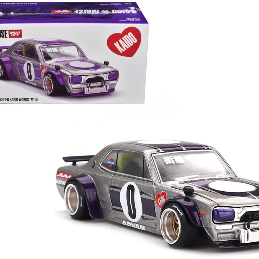 Nissan Skyline 2000GT-R (KPGC10) "Kaido Works V1" RHD (Right Hand Drive) #0 Silver Metallic with Purple Stripes (Designed by Jun Imai) "Kaido House" Special 1/64 Diecast Model Car by Mini GT Automotive