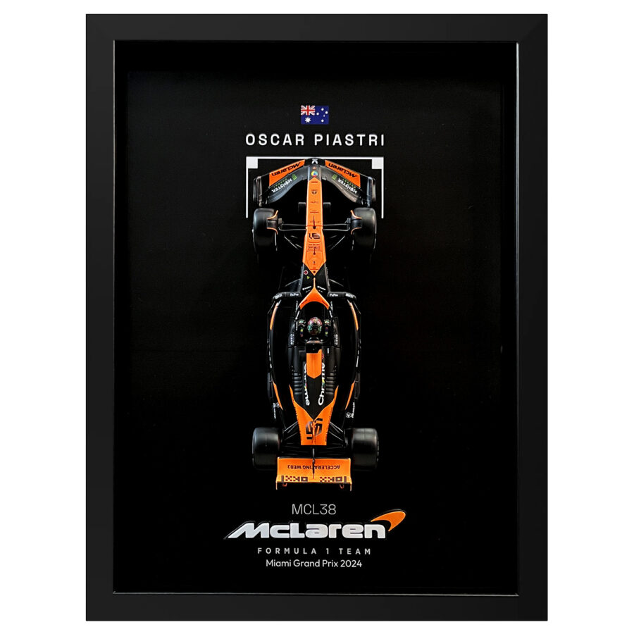 Mclaren Formula One Team MCL38 Oscar Piastri Miami Grand Prix 2024 Handmade Framed Artwork from the F1 Model Cars store collection.