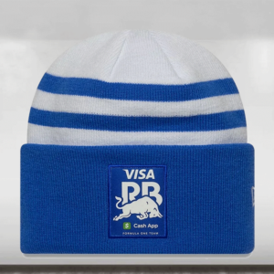 2025 Visa Cash App Racing Bulls Team Wide White Cuff Knit Beanie Hat from the Formula 1 Memorabilia store collection.