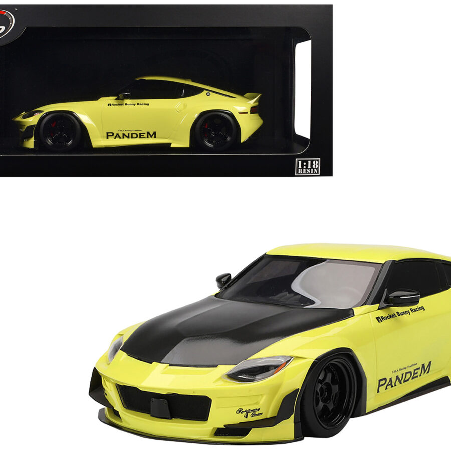 Nissan Z (RZ34) "Pandem" Ikazuchi Yellow with Matt Black Hood 1/18 Model Car by Top Speed Automotive