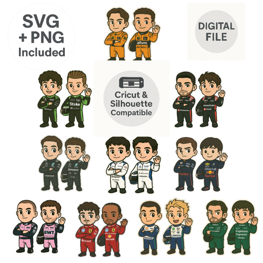 Formula 1 Driver Chibi Stickers F1 Digital Download PNG Files Formula One Race Car Stickers Instant Download Printable Stickers from the Sports Car Racing Posters & Prints store collection.
