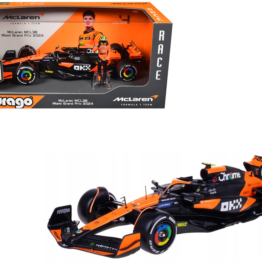 McLaren MCL38 #4 Lando Norris "OKX" Winner Formula One F1 "Miami GP" (2024) with Driver Figure "Race" Series 1/24 Diecast Model Car by Bburago from the Lando Norris store collection.