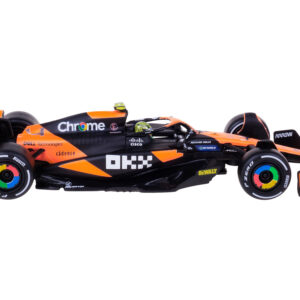 McLaren MCL38 #4 Lando Norris "OKX" Winner Formula One F1 "Miami GP" (2024) with Driver Figure and Display Case "Race" Series 1/43 Diecast Model Car by Bburago from the Formula 1 Memorabilia store collection.