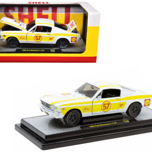 1966 Ford Mustang 2+2 GT #57 "Shell Oil" White with Yellow Stripes Limited Edition to 5650 pieces Worldwide 1/24 Diecast Model Car by M2 Machines from the Ford store collection.
