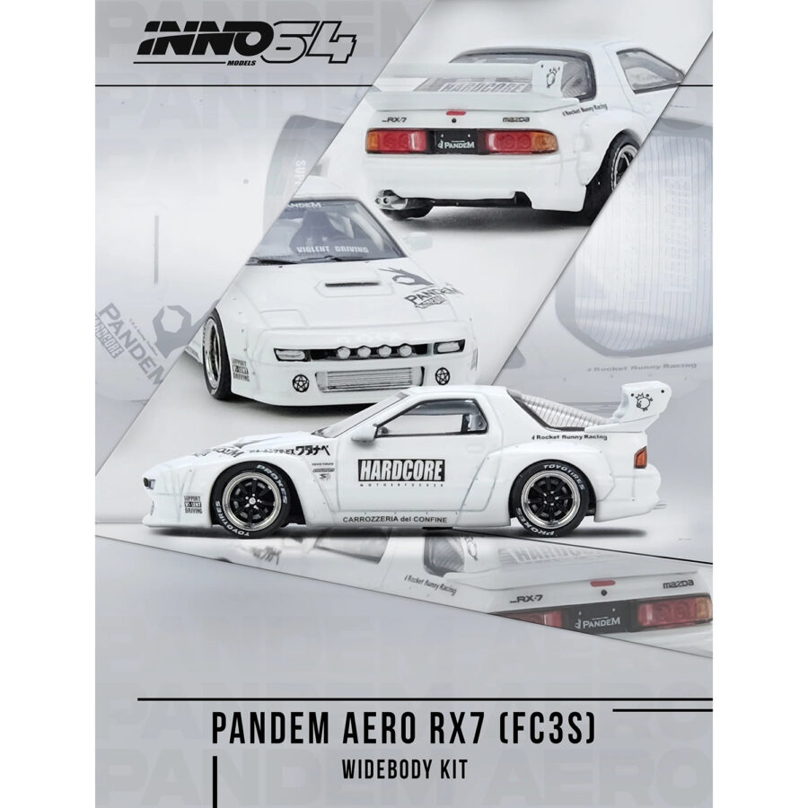 Mazda RX7 (FC3S) "Pandem Aero" Widebody Kit White with Graphics 1/64 Diecast Model Car by Inno Models Automotive
