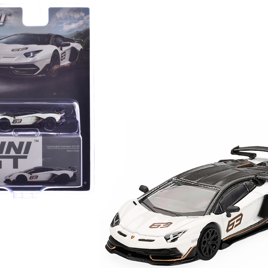 Lamborghini Aventador SVJ 63 Bianco Asopo White with Carbon Top Limited Edition 1/64 Diecast Model Car by Mini GT from the Sports Car Racing Model Cars store collection.