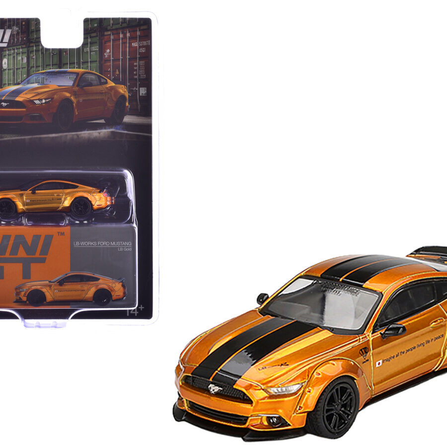 Ford Mustang "LB-Works" LB Gold Metallic with Black Stripes Limited Edition 1/64 Diecast Model Car by Mini GT from the Ford store collection.