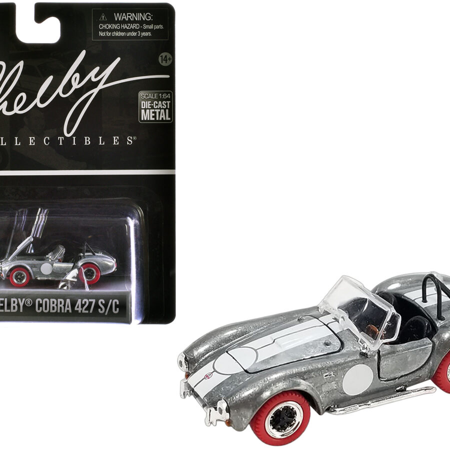 Shelby Cobra 427 S/C Raw Metal with White Stripes and Red Tires "Shelby Collectibles" Series 1/64 Diecast Model Car by ACME Automotive