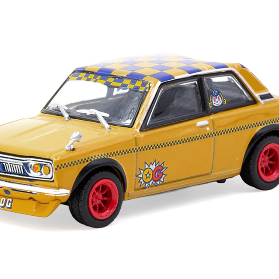 Datsun 510 "OG Beer" Yellow with Checkered Top "Hobby64" Series 1/64 Diecast Model Car by Tarmac Works Automotive