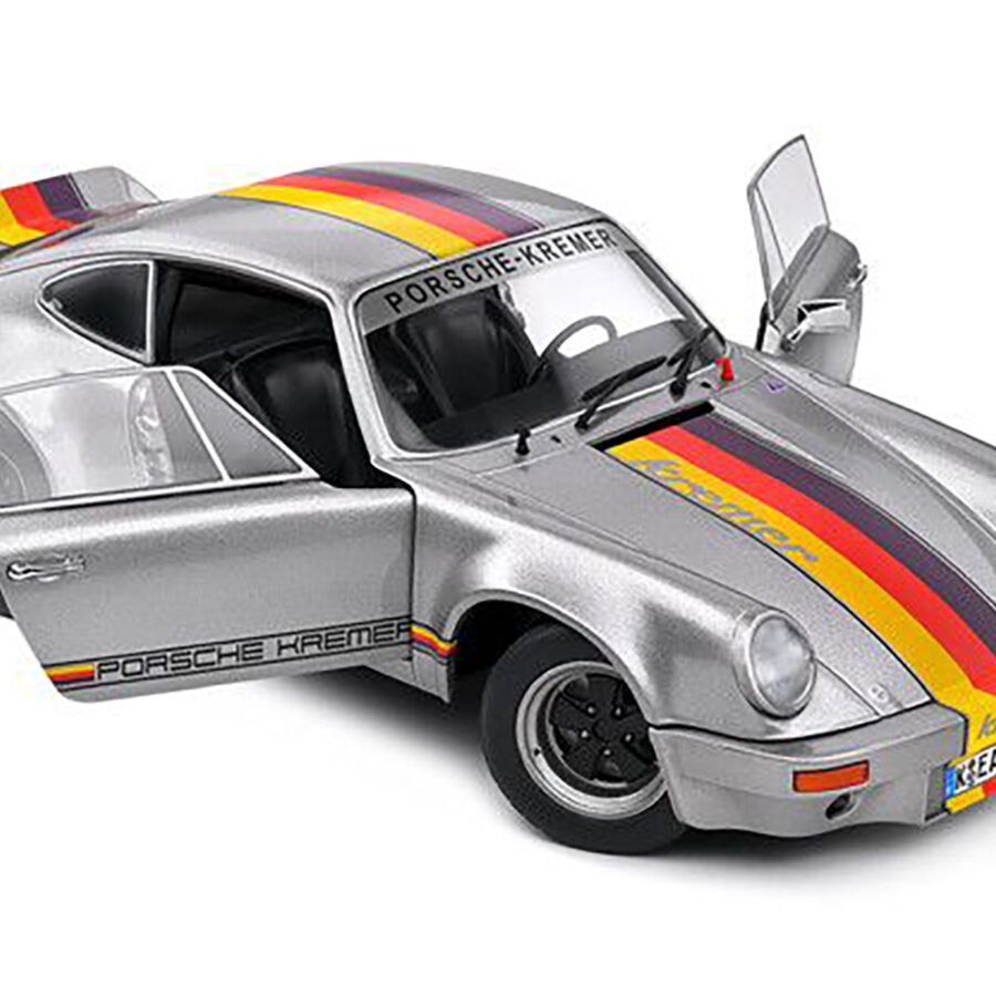1973 Porsche 911 RSR "Kremer" Silver Metallic with Stripes 1/18 Diecast Model Car by Solido from the Porsche store collection.