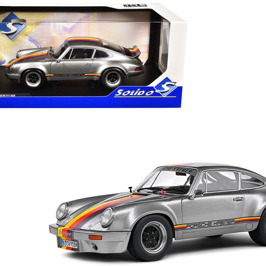 1973 Porsche 911 RSR "Kremer" Silver Metallic with Stripes 1/18 Diecast Model Car by Solido from the Porsche store collection.