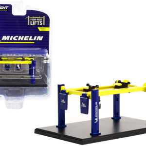 Adjustable Four-Post Lift "Michelin" Blue and Bright Yellow "Four-Post Lifts" Series 3 1/64 Diecast Model by Greenlight Sports Car Racing Model Cars by Diecast Mania