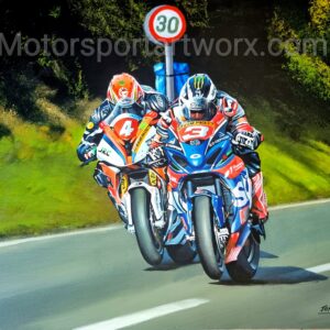 Michael Dunlop and Dan Kneen at The Southern 100 Formula 1 Memorabilia by Motorsport Artworx