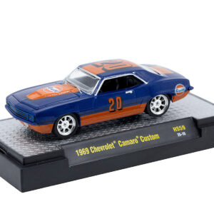 1969 Chevrolet Camaro Custom #20 "Gulf Oil" Dark Blue and Orange Limited Edition to 5500 pieces Worldwide 1/64 Diecast Model Car by M2 Machines from the Sports Car Racing Collectibles store collection.