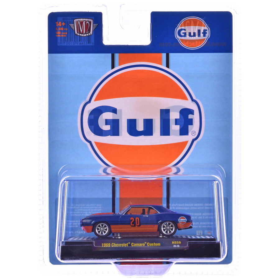 1969 Chevrolet Camaro Custom #20 "Gulf Oil" Dark Blue and Orange Limited Edition to 5500 pieces Worldwide 1/64 Diecast Model Car by M2 Machines Automotive