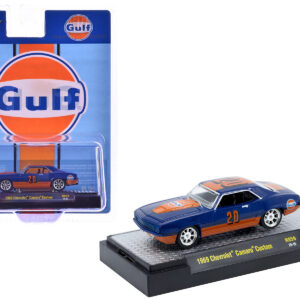 1969 Chevrolet Camaro Custom #20 "Gulf Oil" Dark Blue and Orange Limited Edition to 5500 pieces Worldwide 1/64 Diecast Model Car by M2 Machines from the Sports Car Racing Collectibles store collection.