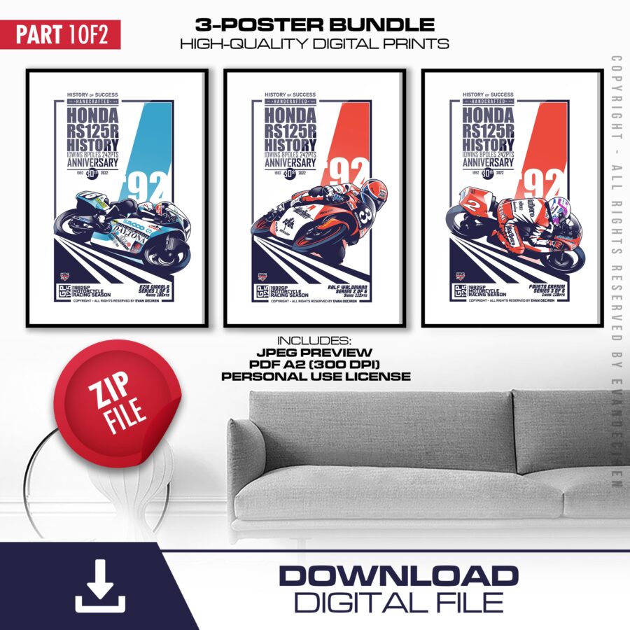 Honda RS125R 3-Poster Set | 1992 Anniversary Digital Prints Part 1 Sports Car Racing Posters & Prints