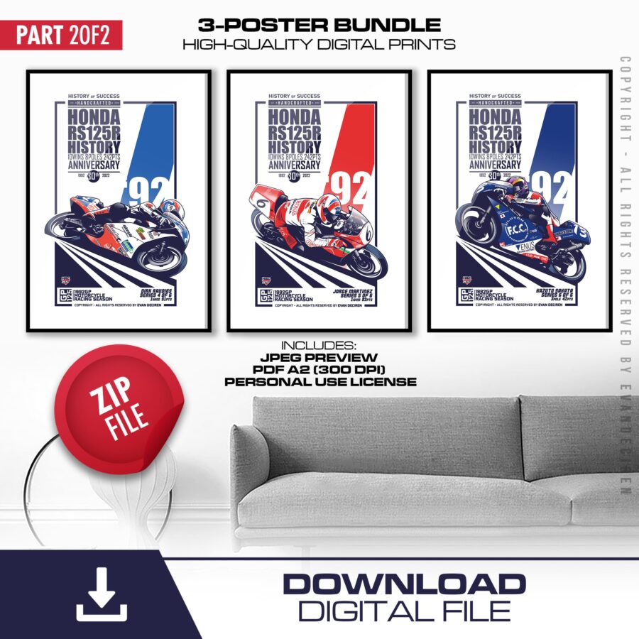 Honda RS125R 3-Poster Set | 1992 Anniversary Digital Prints Part 2 from the Race Car Wall Art store collection.