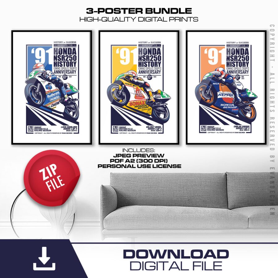 Honda NSR250 3-Poster Bundle | 1991 Anniversary Digital Prints | A2 PDF from the Sports Car Racing Posters & Prints store collection.