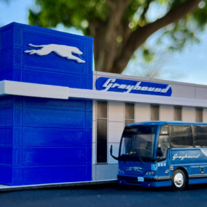 Greyhound Bus Station Diorama EZ Assembly Kit 1/87 (HO) Model by Iconic Replicas from the Sports Car Racing Collectibles store collection.