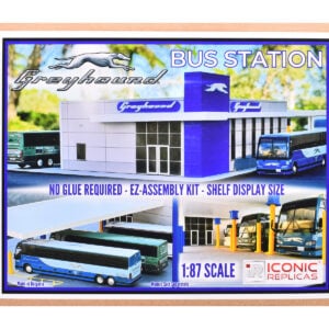 Greyhound Bus Station Diorama EZ Assembly Kit 1/87 (HO) Model by Iconic Replicas from the Sports Car Racing Collectibles store collection.