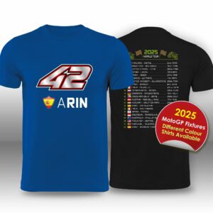 Alex Rins 2025 MotoGP Race Calendar T-Shirt from the Sports Car Racing Gifts store collection.
