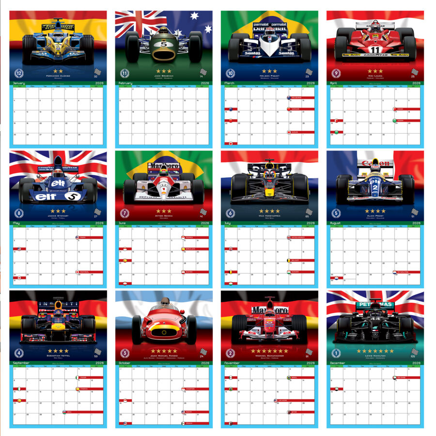 Formula 1 All Time Best Drivers 2026 12 Month Calendar Abu Dhabi GP - Yas Marina Track Art