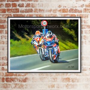 Michael Dunlop and Dan Kneen at The Southern 100 Formula 1 Memorabilia by Motorsport Artworx