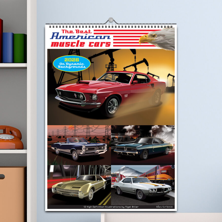 US Muscle Car 12 Month 2026 Calendar on Artistic Backgrounds from the Azerbaijan GP - Baku Track Art store collection.