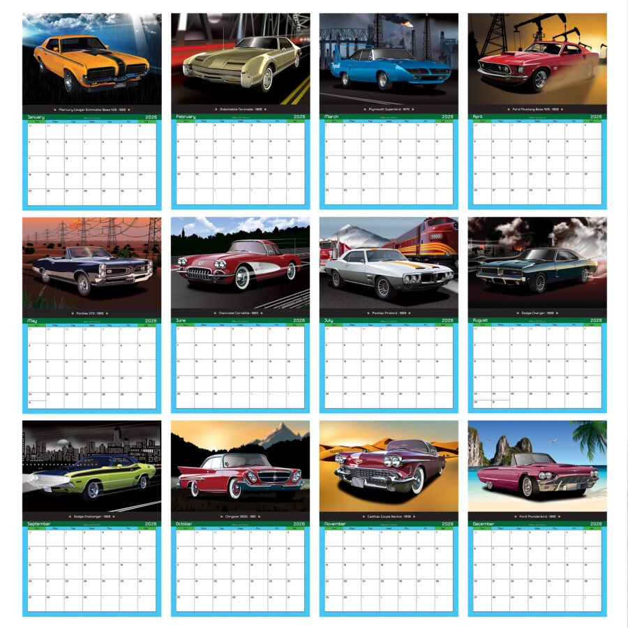 US Muscle Car 12 Month 2026 Calendar on Artistic Backgrounds Abu Dhabi GP - Yas Marina Track Art