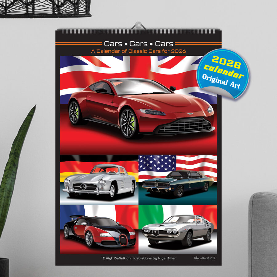 Classic Car 12 Month 2026 Calendar on Country Flag Backgrounds from the Azerbaijan GP - Baku Track Art store collection.