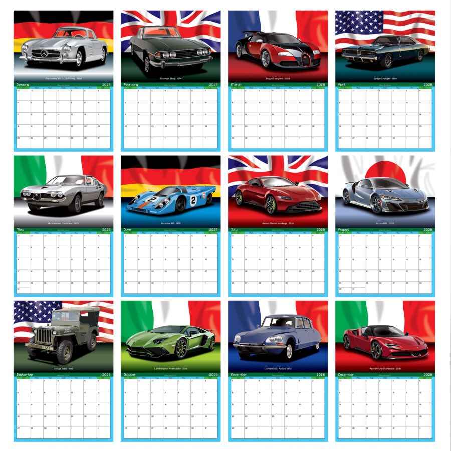 Classic Car 12 Month 2026 Calendar on Country Flag Backgrounds Abu Dhabi GP - Yas Marina Track Art