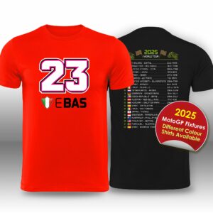 Enea Bastianini 2025 MotoGP Race Calendar T-Shirt from the Sports Car Racing Gifts store collection.