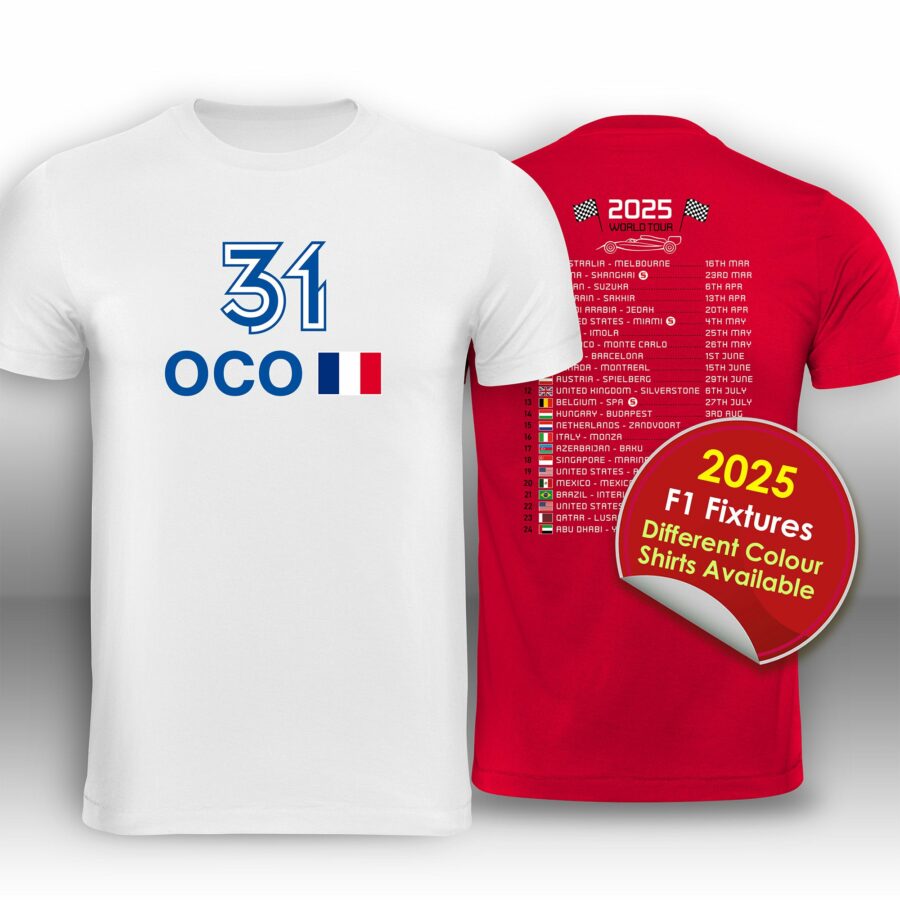 Esteban Ocon 2025 Race Calendar Formula 1 F1 T-Shirt from the F1 Official Merchandise store collection.