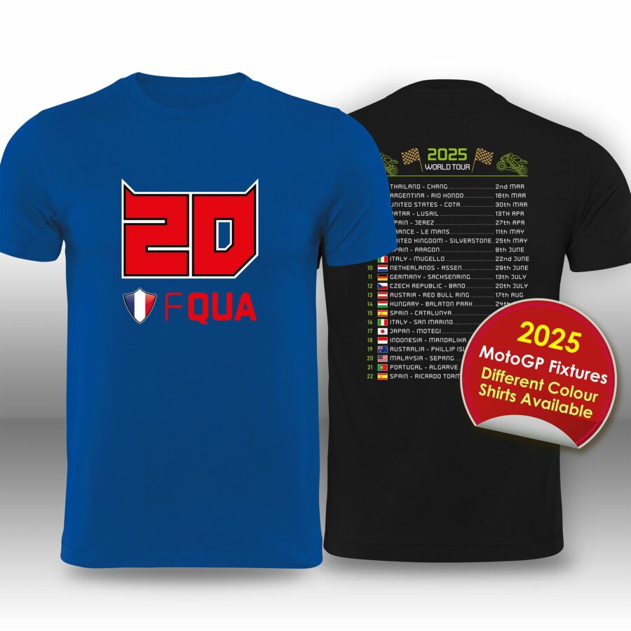 Fabio Quartararo 2025 MotoGP Race Calendar T-Shirt from the Sports Car Racing Gifts store collection.